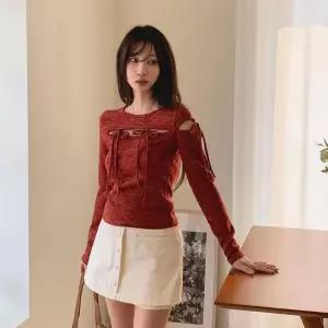 [하프클럽/옷자락]여자 리본 트임 크롭 슬림핏 티셔츠 겨울 니트