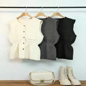 [하프클럽/옷자락]여자 허리밴딩 포켓 라운드 버튼 무지 이너 니트조끼