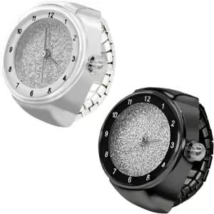 Weicam 2pcs 심플 엘라스틱 핑거 링 시계 원형 다이얼 아날로그 쿼츠 손목 커플