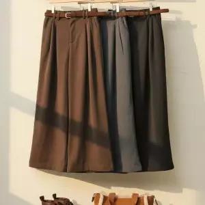 [신세계라이브쇼핑][옷자락] 여자 겨울출근룩 투핀턱 와이드핏 기모 벨트 나팔 바지