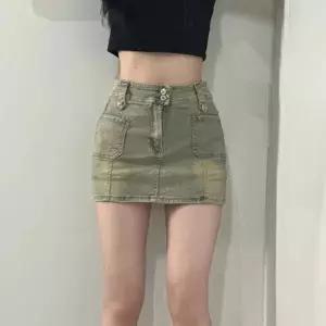 투버튼 여성 카고 데님 미니 스커트 속바지 하이웨스트 스판