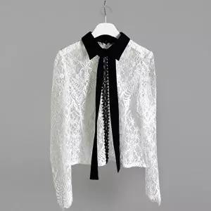 [신상오픈런]|KSH41FE|여성 파티 의상 리본 카라 시스루 레이스 블라우스