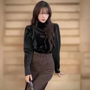 [신상오픈런]|CHH41FF|여성 겨울 벨벳 프릴 블라우스 연말 파티룩