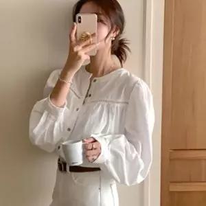 [신상오픈런]|CCH41F8|여성 퍼프 소매 노카라 펀칭 장식 긴팔 블라우스