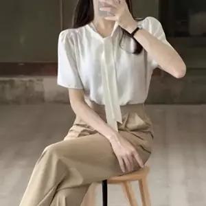 [신상오픈런]|CCH41F9|여성 기본 라운드넥 타이 세미 반팔 셔츠