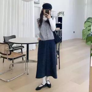 [하프클럽/]여성용 긴치마 슬릿 큰주머니 격자 디테일