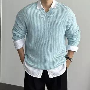 [모로엠] 남성 브이넥 하늘색 니트 풀오버 ON-KN-QWFJM0PF