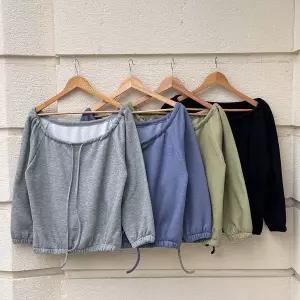 [하프클럽/]여성 기모 오프숄더 리본 퍼프 맨투맨 오버사이즈