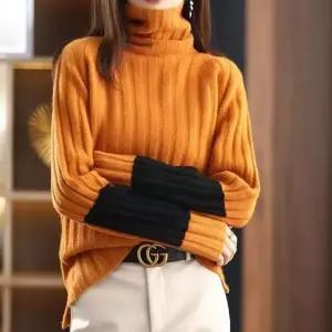 ( )여성 겨울 목폴라 터틀넥 골지 니트 티 오렌지