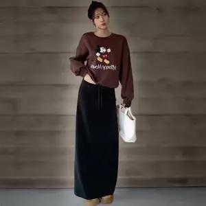 [하프클럽/]여성용 겨울 벨벳 허리밴드 루즈핏 롱 스커트