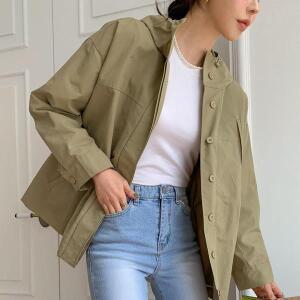 [다잇템]여자 버튼 후디 야상점퍼 머리조절 카키 자켓