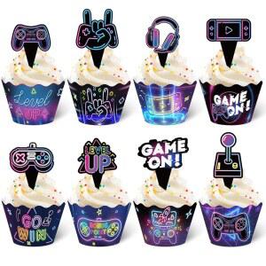 Nuenen 96 Pcs 비디오 게임 컵케이크 토퍼 장식 온 컨트롤러 컵케이크, 소년 게이머 생일 기념 파티(네온)를 위한 게임패드 케이크 선택