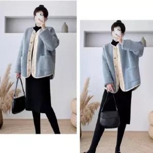 여자 겨울 배색 오버핏 뽀글이 페이크퍼 노카라 양털자켓 부클자켓 점퍼