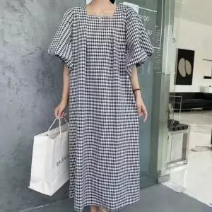 [하프클럽/]레이디스 하절기 그리드패턴 하프슬리브 루즈핏 오버 트렌디핏