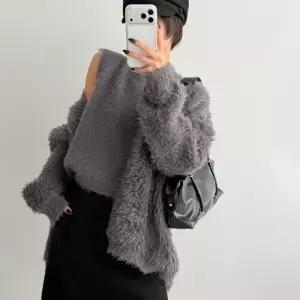 여자 시어링 루즈핏 브이 퍼가디건 털나시 세트