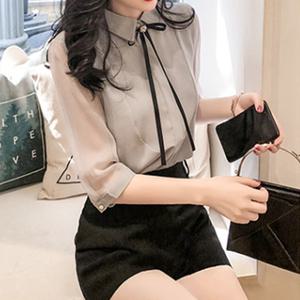 리본브로치+5부 여성블라우스 쉬폰 셔츠 정장블라우스 오피스룩 화이트셔츠 여름 유니폼 면접