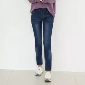 [진마니아]블루 허리밴딩 본딩기모 슬림핏 일자 데님