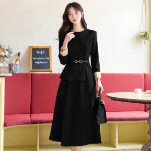 [시크라인] 로던 자켓 레이어드 배색롤업 플레어 벨트 원피스