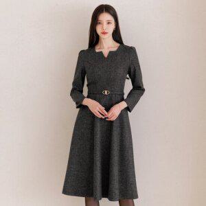 [시크라인] 브륀 브이 슬릿넥 트위드 벨티드 원피스