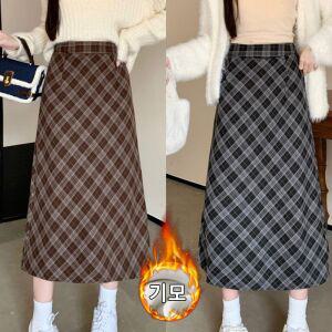 스타일아유 겨울 체크 기모 두꺼운 허리 밴딩 캐주얼 A라인 플레어 롱 스커트 SK0627