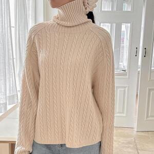 [옷자락]여자 꽈배기목폴라 오버핏 빨간스웨터 겨울 캐시 니트