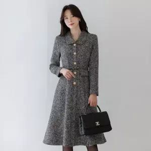 XXL까지) 드니스 펄 트위드 플레어 벨트 원피스 싱글카라 겨울 오피스룩 하객룩 연말룩 모임룩 빅사이즈