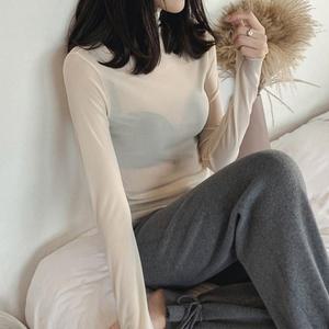 여성 시스루 블라우스 목폴라 이너 레이어드 망사 긴팔티