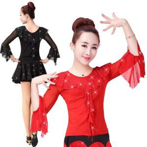 스포츠댄스 라틴 라인댄스복 프릴보석댄스상의 SQ16 시스루 큐빅 댄스 보석 스포츠 여성