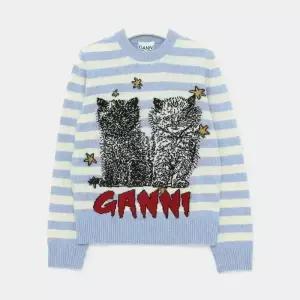 가니 캣 그래픽 스트라이프 울 믹스 여성 니트 K2369 628