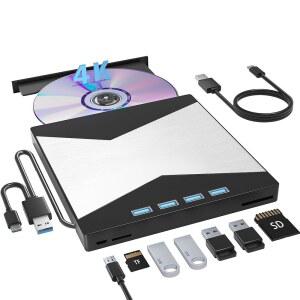 외장 블루 레이 드라이브, 4K 휴대용 버너 USB 3.0 타입-C UHD BD 플레이어(SD/TF 포트 포함), CD/DVD R/W 3D Windows Mac OS 노트북과 호환되는 드라이브