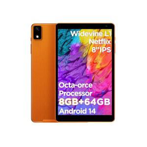 안드로이드 태블릿 8인치, 12(4+8)GB RAM, 64GB ROM(2TB 확장 가능), 옥타코어, 와이파이 6 및 블루투스 5.4, 듀얼 스피커, 메탈 바디, 2년 보호, 6피트 충전 케이블, 강화형 타입-C 포트, 오렌지