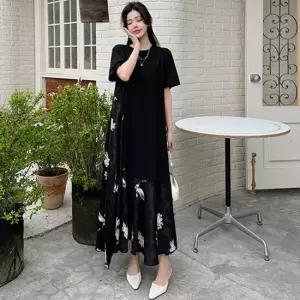 [이쁘다] 달트 플라워 트임 반팔 롱 원피스