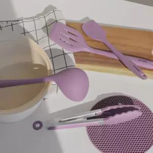 예쁜 퍼플 실리콘 조리도구 5종 세트 국자 뒤집개 스파츌라 집게 냄비받침 키친툴