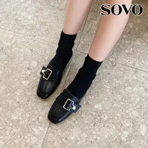 SOVO 진주 골드버클 스트랩 여성슬리퍼 블로퍼 단화 2cm