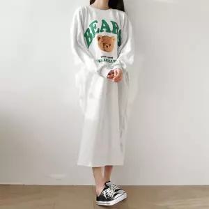 [문에이블]문에이블 데일리 편안한 영문 나염 곰돌이 베이직 롱 맨투맨 원피스
