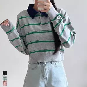 여성 크롭 니트 카라티 스트라이프 긴팔 봄 가을 데일리룩 곤색 그레이 핑크