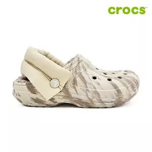 [하프클럽/크록스]클래식 퍼프 스트랩 마블 라인드 클로그 공용 털샌들 21198