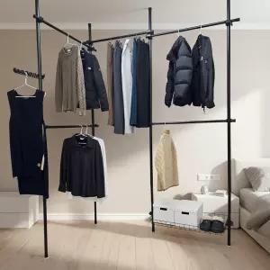 힘센업행거 BLACK 3칸 5가로봉 튼튼한 스틸폴행거 /수납정리용 / 길이조절 가능 / 드레스룸