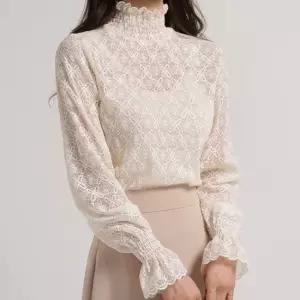 여성 시스루 스판 웬디 레이스 셔링 목폴라 블라우스 이너티