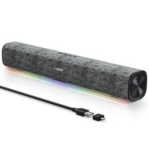 동적 LED 조명이 있는 SOULION R100 블루투스 컴퓨터 스피커, 스위치 버튼이 USB 플러그 앤 플레이 PC 데스크탑 노트북 모니터용 사운드바(USB-C to 어댑터 포함