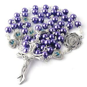 기적의 에폭시 하트 메탈 비즈가 포함된 한린CC 유리 진주 구슬 묵주 목걸이 팩과 기도 카드가 벨벳 선물 가방