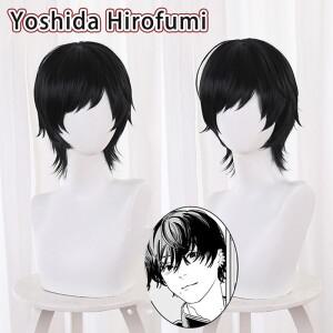 Anime Chainsaw Man 요시다 히로후미 코스프레 가발 35cm 짧은 검은 머리 내열성 합성 가발 할로윈 소품