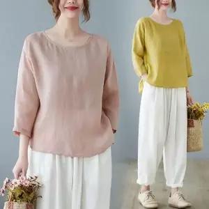 소매 버튼 백 셔링 면 7부 티셔츠 여름 상의 여름 퍼