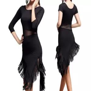 수술 라틴댄스 원피스 태슬 반팔 라틴 라인댄스복 사교