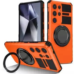 삼성 갤럭시 S25 울트라 케이스 호환 [360도 회전 링 스탠드 포함] 하드 커버 오렌지색에 적합한 견고한 군