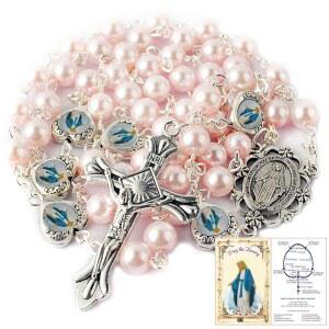 기적의 에폭시 하트 메탈 비즈가 포함된 한린CC 유리 진주 구슬 묵주 목걸이 팩과 기도 카드가 벨벳 선물 가방