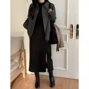 [공구우먼] 모더닝 뒷밴딩 슬릿 모직 롱 스커트 85135 빅사이즈 여성의류