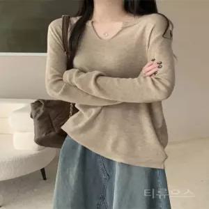 티류으스 여성 가을 브이넥 니트 티셔츠 루즈핏 슬림핏 베이직 데일리 캐주얼 Lyw
