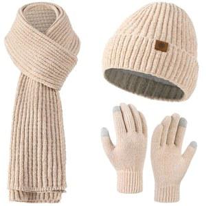 여성용 겨울 비니 모자 스카프 장갑 세트, 슬루시 플리스 안감 여성 겨울 모자 해골 모자, 니트 롱 스카프 넥 워머 여성용 터치스크린 장갑, 웜 3 in 1 세트, 화이트