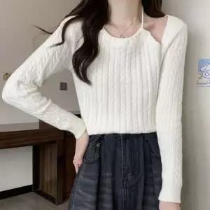 [하프클럽/]케이블니트 짜임무늬 여성용 홀터넥 올데이 숏아우터 풀슬리브